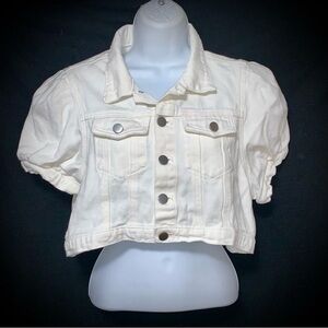 Rockin C White Cropped Denim Jacket – Puff Sleeves – Size M